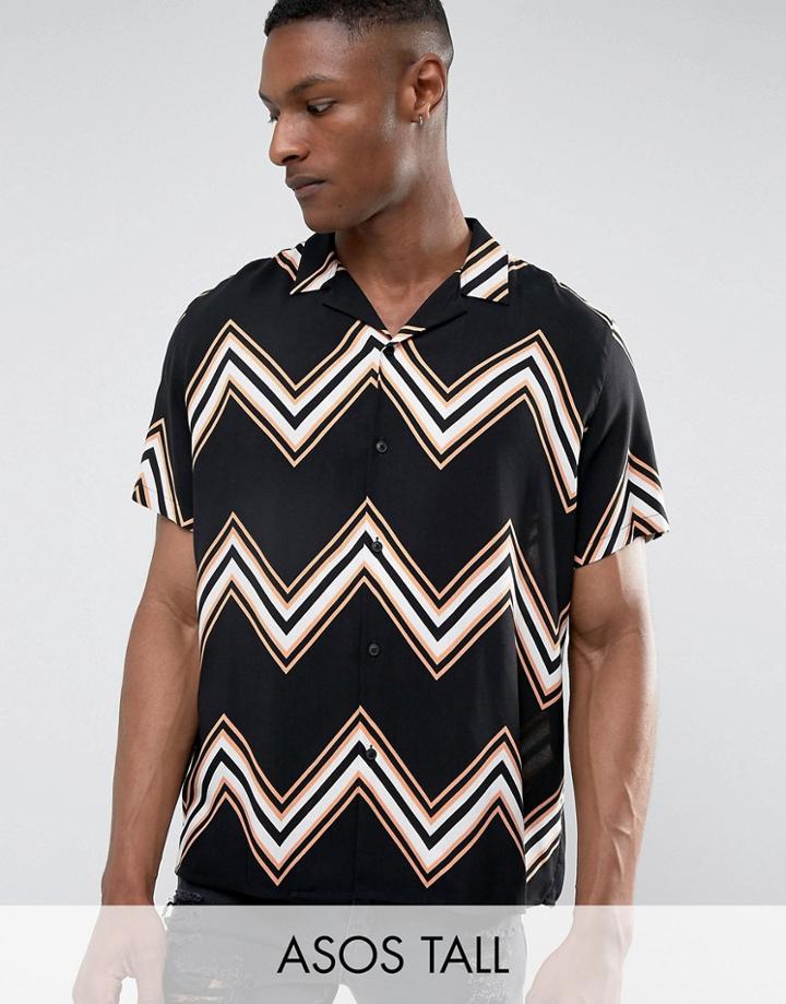 Asos Tall Regular Fit Viscose Chevron Stripe Shirt In Black - Black