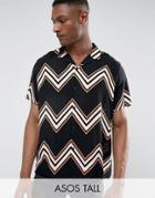 Asos Tall Regular Fit Viscose Chevron Stripe Shirt In Black - Black