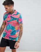 Asos Design Polo With All Over Floral Print And Rever Collar - Pink