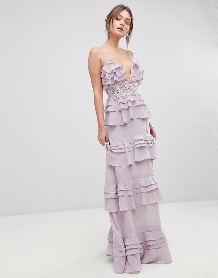 True Decadence Premium Frill Layered Cami Maxi Dress With Lace Insert - Purple