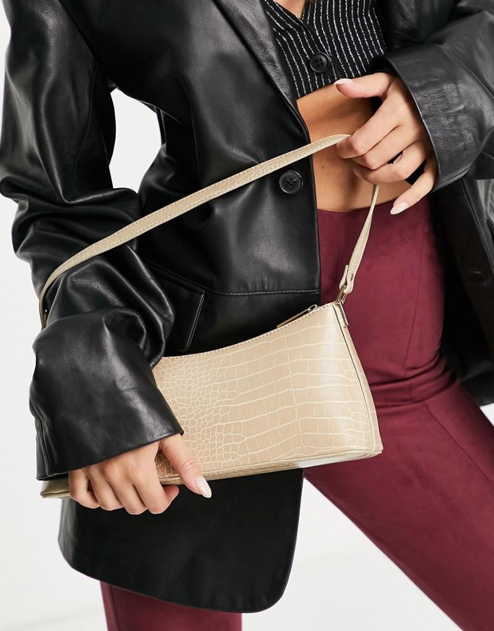 Asos Design Cream Croc Effect Shoulder Bag With Hardware Tabs-neutral