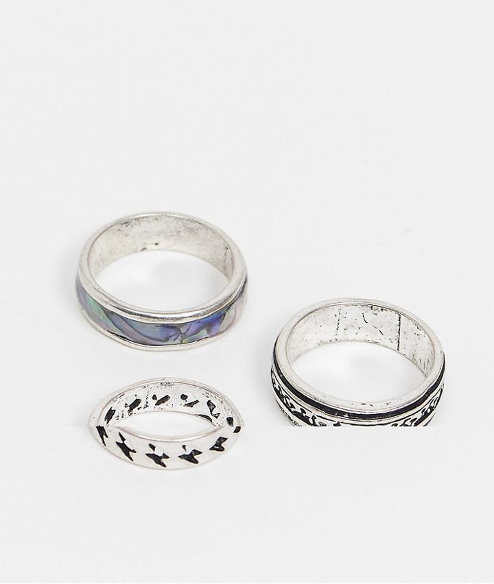 Asos Design 3 Pack Band Ring Set With 90s Design In Silver Tone