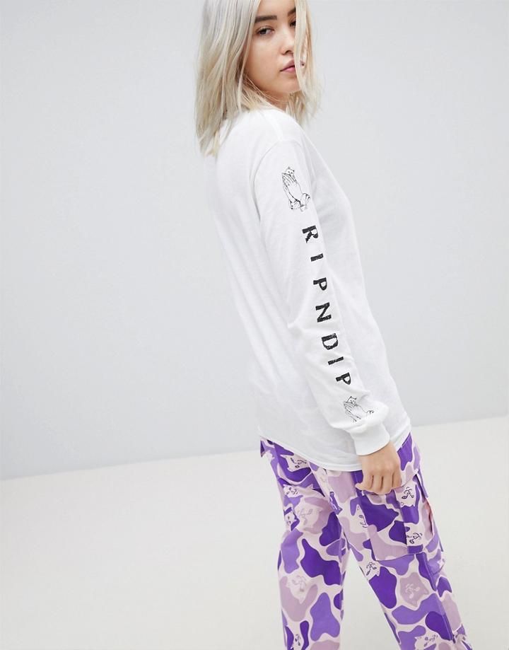 Ripndip Relaxed Long Sleeve Pocket T-shirt With Rude Cat And Sleeve Print - White