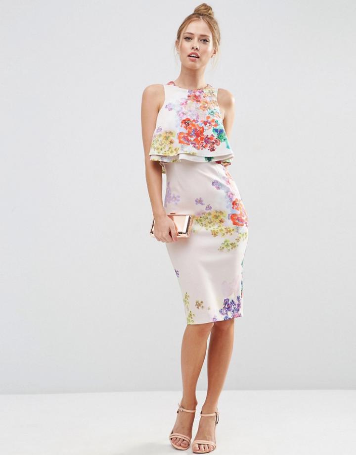 Asos Double Ruffle Floral Crop Top Midi Pencil Dress - Print