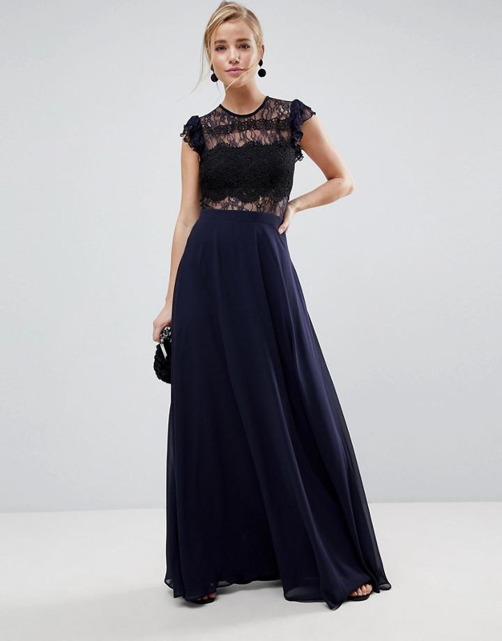 Asos Lace Maxi Dress With Lace Frill Sleeve - Navy