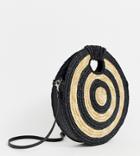 South Beach Exclusive Large Round Straw Contrast Cross Body Bag-black