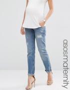 Asos Maternity Portland Loose Boyfriend Jeans With Embroidery And Rip And Repair With Under The Bump Waistband - Blue