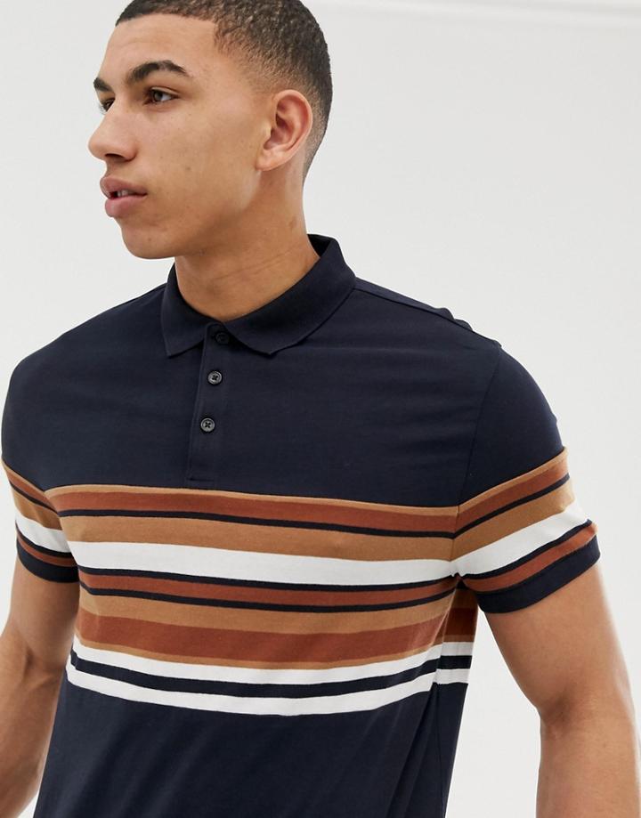 New Look Stripe Polo In Navy - Navy