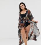 Asos Design Curve Chiffon Belted Beach Kimono In Leopard Tropical Print - Multi