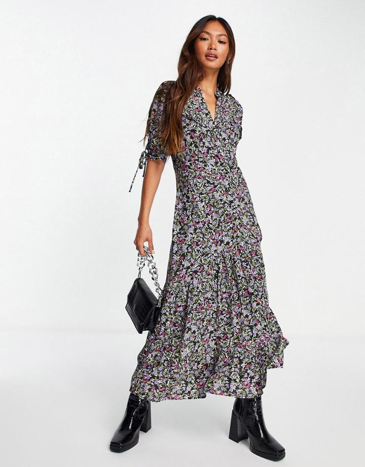 Topshop Ruffle Collar Floral Midi Dress In Multi