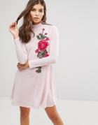 Ax Paris High Neck Knitted Swing Dress With Embroidery Detail - Pink