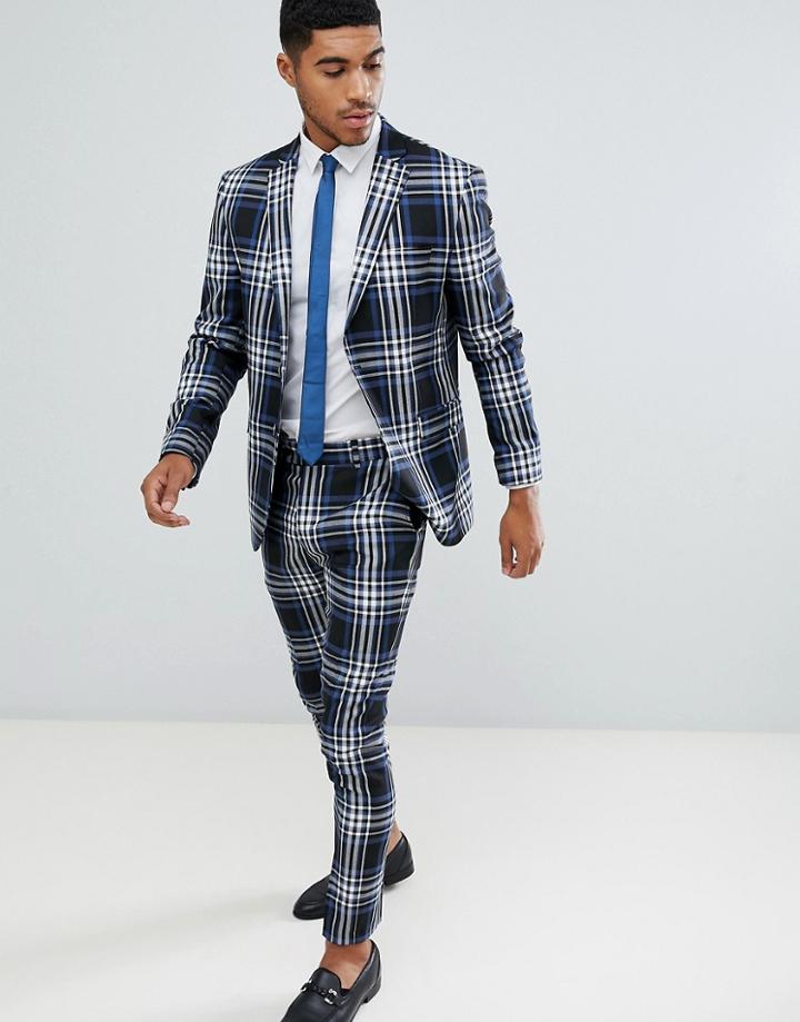 Boohooman Skinny Fit Large Check Suit Pants In Blue - Blue