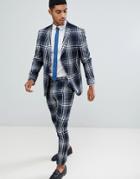 Boohooman Skinny Fit Large Check Suit Pants In Blue - Blue