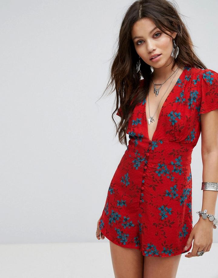 Honey Punch Romper With Plunge Neck In Bold Floral - Red