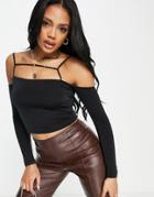 Asos Design Cold Shoulder Top With Metal Bar Detail In Black