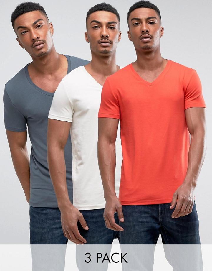Asos Muscle Fit T-shirt With V Neck 3 Pack Save - Multi