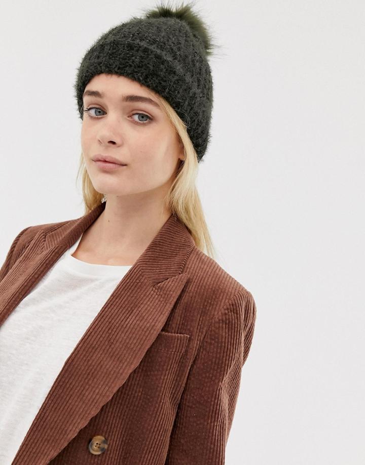 New Look Fluffy Faux Fur Pom Pom Bobble Hat In Khaki - Black