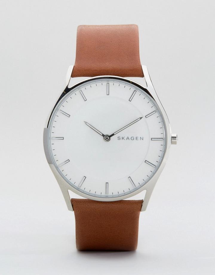 Skagen Slim Holst Leather Watch In Tan Skw6219 - Tan