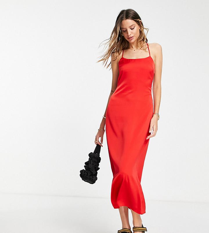 Lola May Tall Satin Cross Back Midi Dress In Red