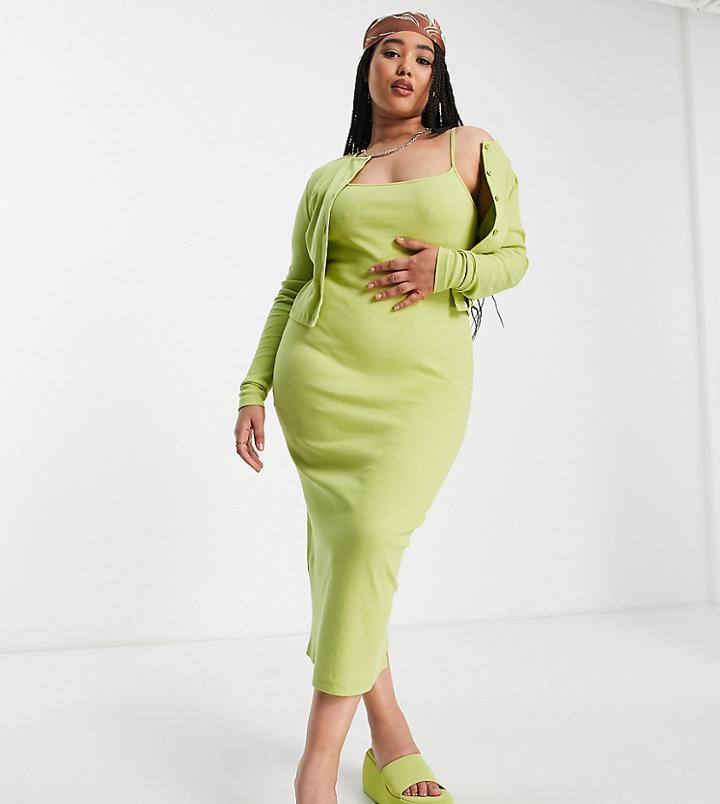 Collusion Plus Cami Midi Summer Dress And Cardigan Twin Set-green