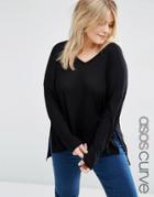 Asos Curve V Neck Top With Long Sleeves In Oversized Slouchy Rib - Black
