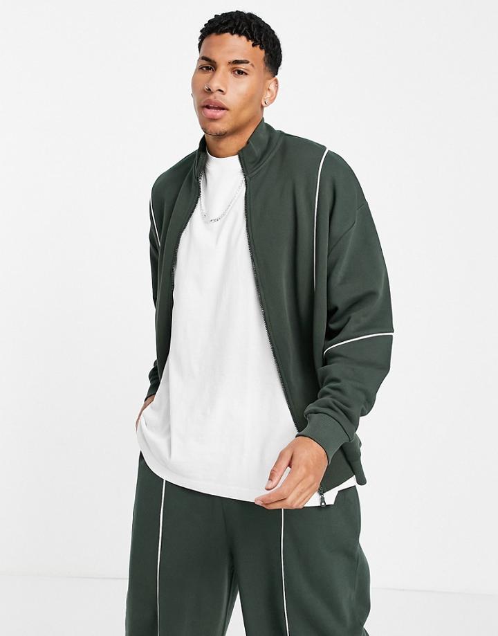 Asos Design Oversized Jersey Jacket With Front Panel Detailing In Green - Part Of A Set