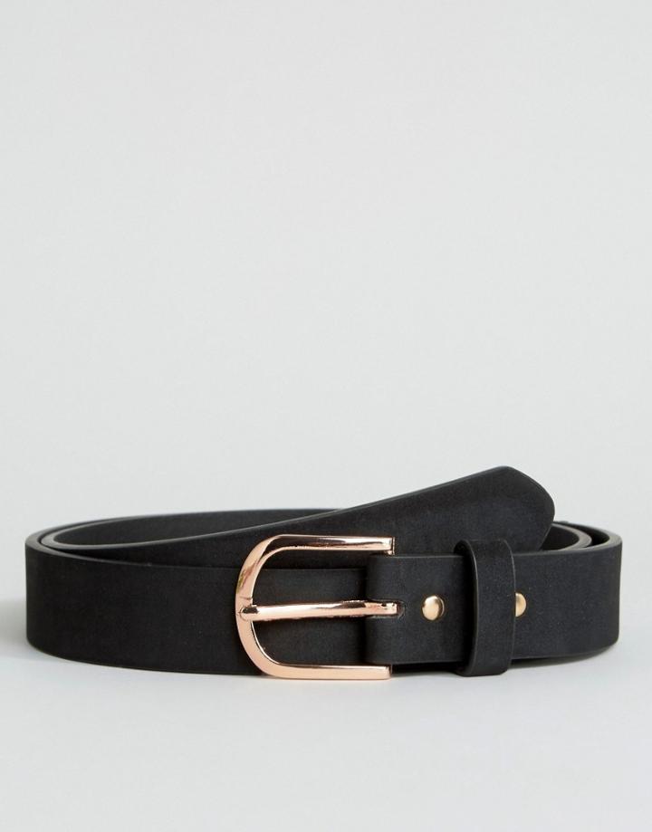 Asos Smart Slim Belt In Black With Horseshoe Rose Gold Buckle - Black