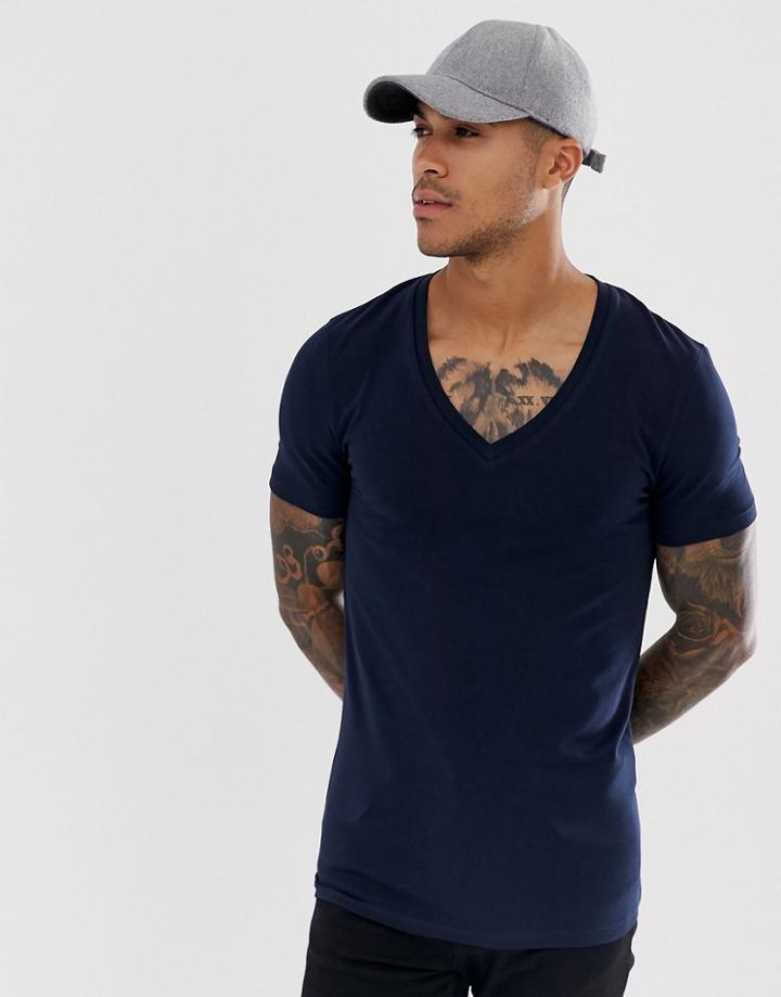 Asos Design Muscle Fit T-shirt With Deep V Neck In Navy - Navy