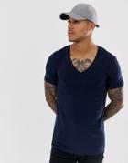 Asos Design Muscle Fit T-shirt With Deep V Neck In Navy - Navy