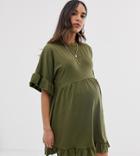 Asos Design Maternity Mini Frill Sleeve Smock Dress In Sweat - Green