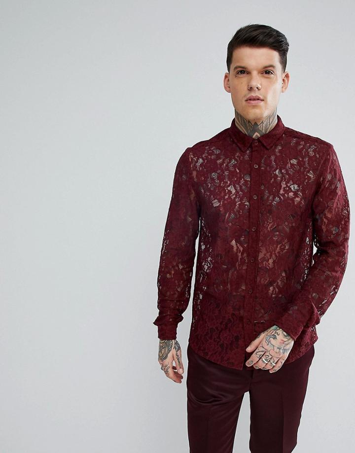 Asos Regular Fit Lace Shirt In Burgundy - Red