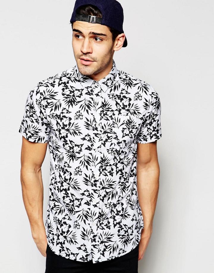 Brave Soul Short Sleeve Hawaiian Shirt In Mono - White