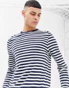 Asos Design Organic Cotton Stripe Long Sleeve T-shirt In Navy And White-multi