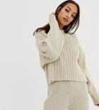 Prettylittlething Two-piece Ribbed Sweater In Stone - Stone