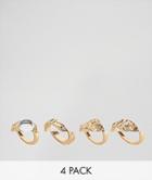 Asos Design Pack Of 4 Engraved Pretty Stone Rings - Gold
