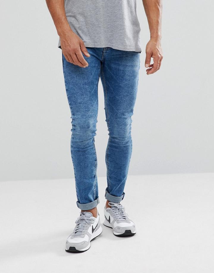 Pull & Bear Super Skinny Jeans In Blue Acid Wash - Blue