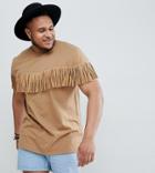Asos Design Festival Plus Relaxed Longline T-shirt With Studded Fringing In Tan - Tan