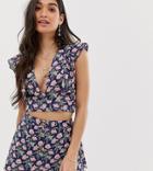 Sisters Of The Tribe Plunge Front Crop Top In Floral Two-piece - Navy