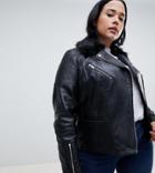 Urbancode Curve Leather Jacket With Faux Fur Collar - Black