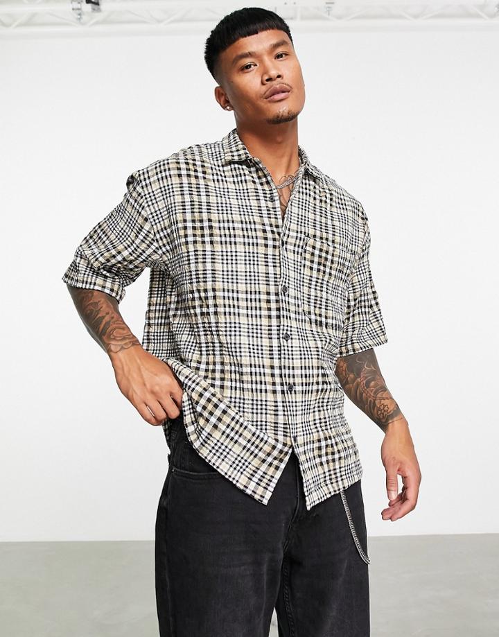 Topman Textured Shirt In Black And Stone Check