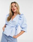 New Look Poplin Ruffle Detail Wrap Blouse In Light Blue-blues