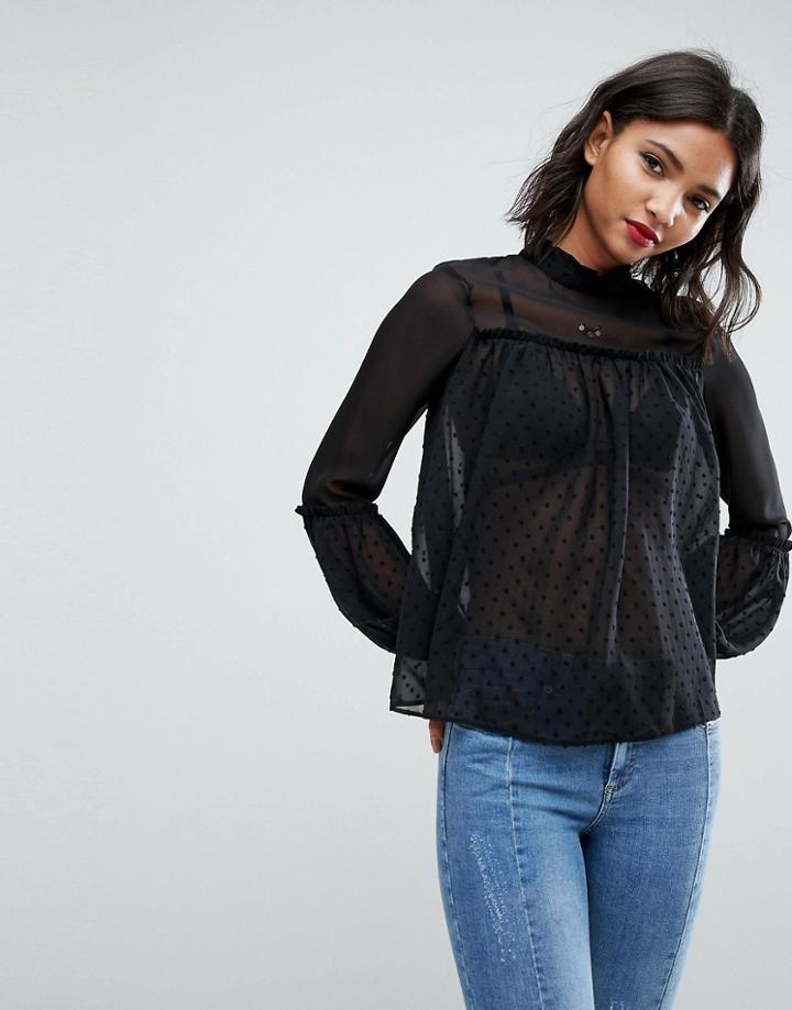 Asos High Neck Smock Blouse In Dobby Mix - Black