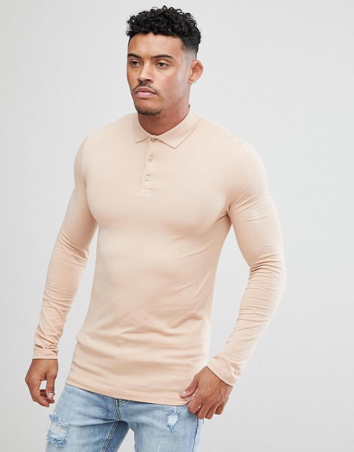 Asos Design Muscle Fit Long Sleeve Jersey Polo In Beige - Pink