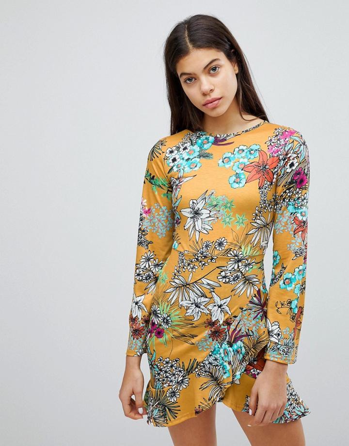 Club L Mustard Floral Print Dress With Frill Wrap Over Skirt Detail - Yellow