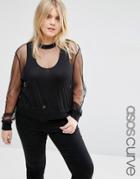 Asos Curve Sheer Mesh Sweat Top With Rib Neck And Cuff - Black