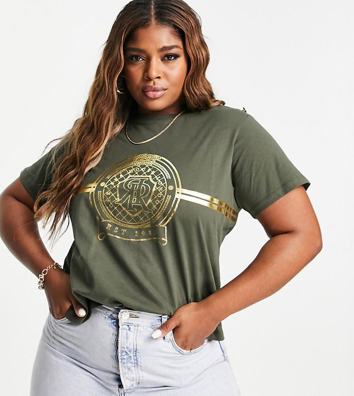 River Island Plus Rr Graphic Button Shoulder T-shirt In Khaki-green