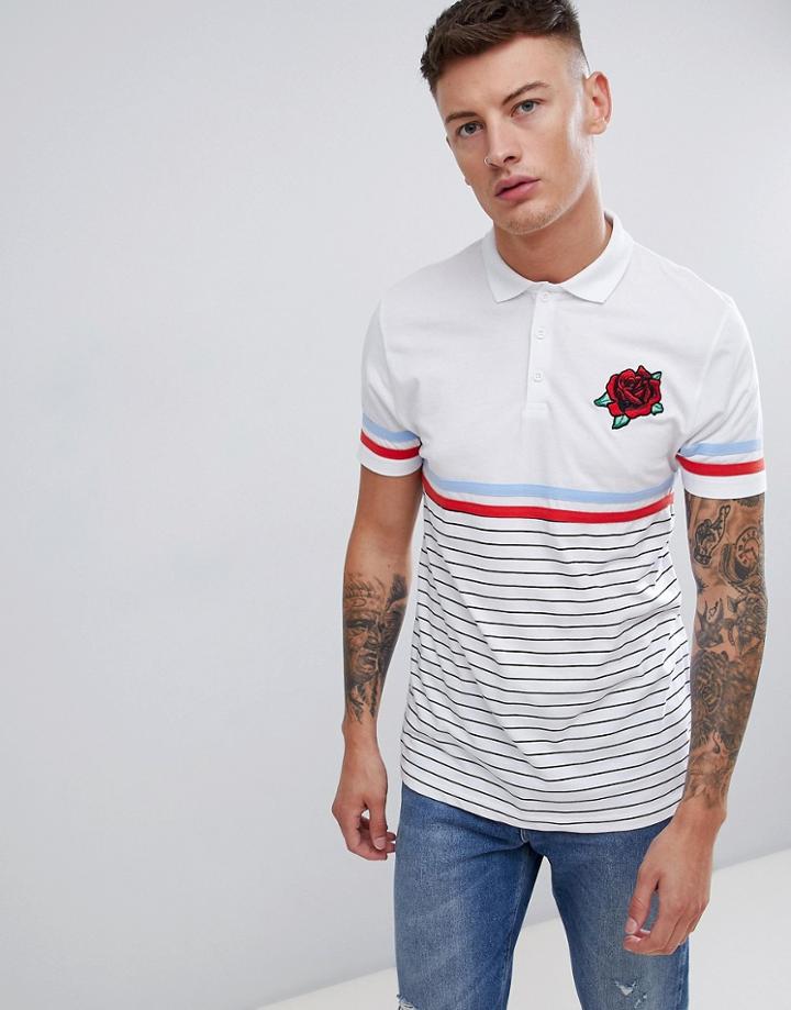 Asos Design Stripe Polo With Highlight Stripe And Rose Embroidery - White