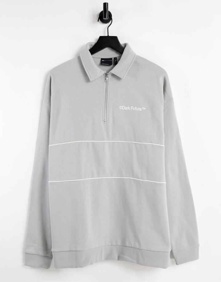 Asos Dark Future Oversized Long Sleeve Polo Shirt In Gray With Chest Logo-grey