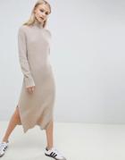 Asos Design Sweater Dress In Midi Length With Side Splits - Stone