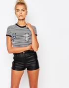 The Ragged Priest Striped Ringer Tee With Torn Apart Badges - Black